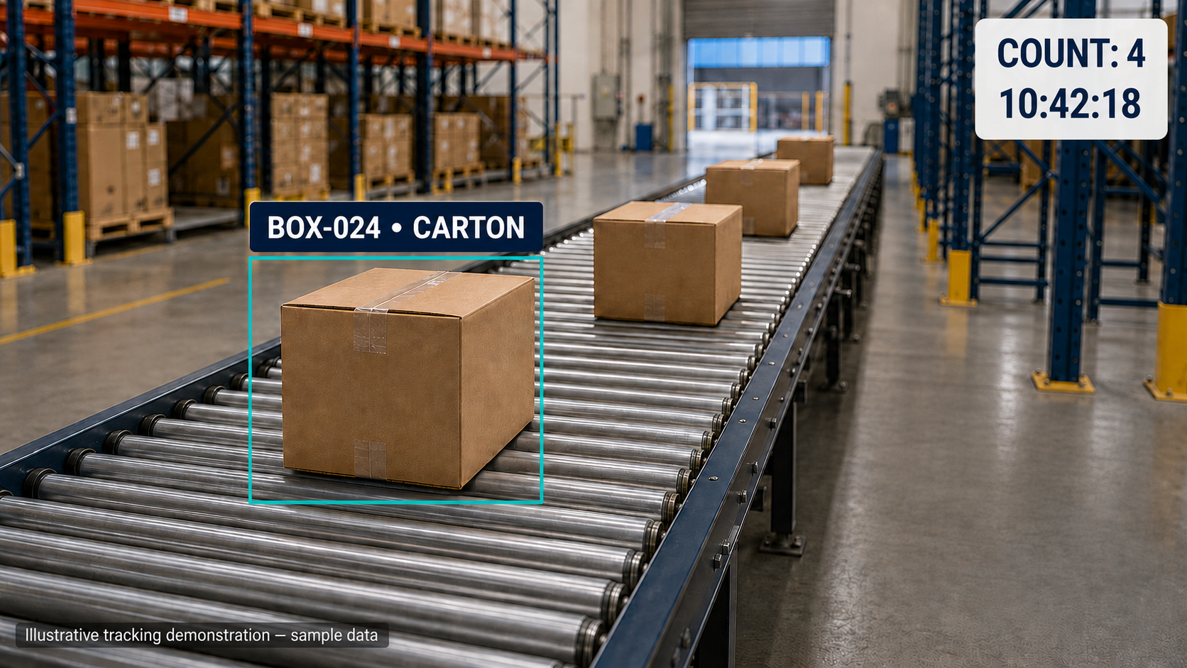 Illustrative box-detection demonstration: a carton on a roller conveyor outlined by a detection box labelled BOX-024 CARTON, with a COUNT: 4 counter and 10:42:18 timestamp