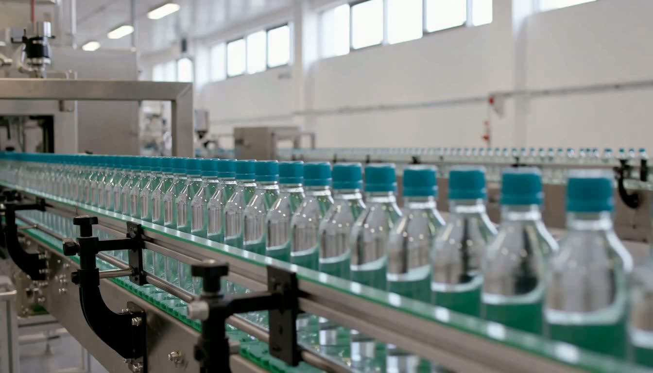 Rows of sealed plastic bottles travelling along a stainless-steel conveyor in a bright bottling plant