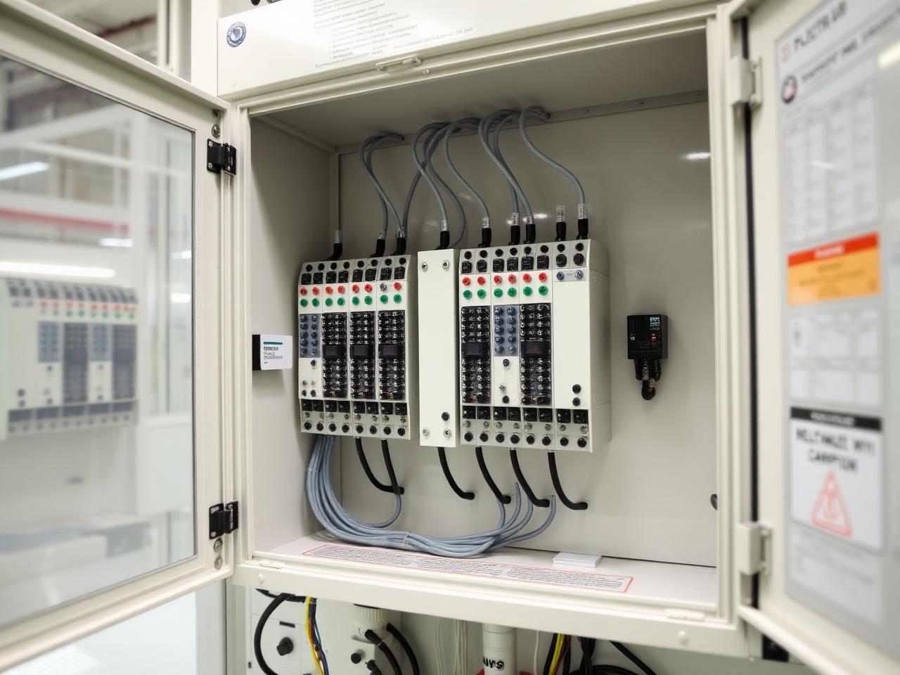 Industrial control cabinet with PLC modules and structured wiring