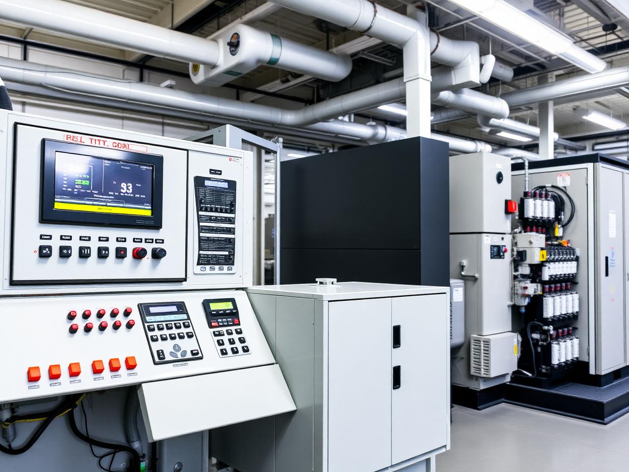 Generator control panel and switchgear cabinets in a plant room